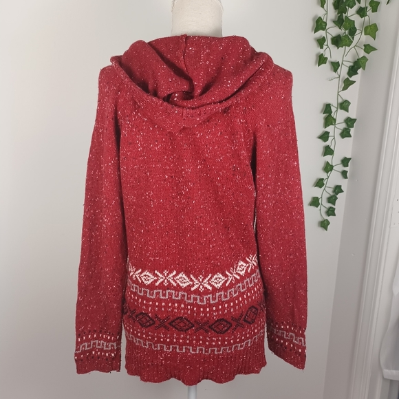 Gitano Holiday Knit Sweater Medium Red V-Neck W/ Hood -Long Sleeve -Drawstring - Picture 5 of 14